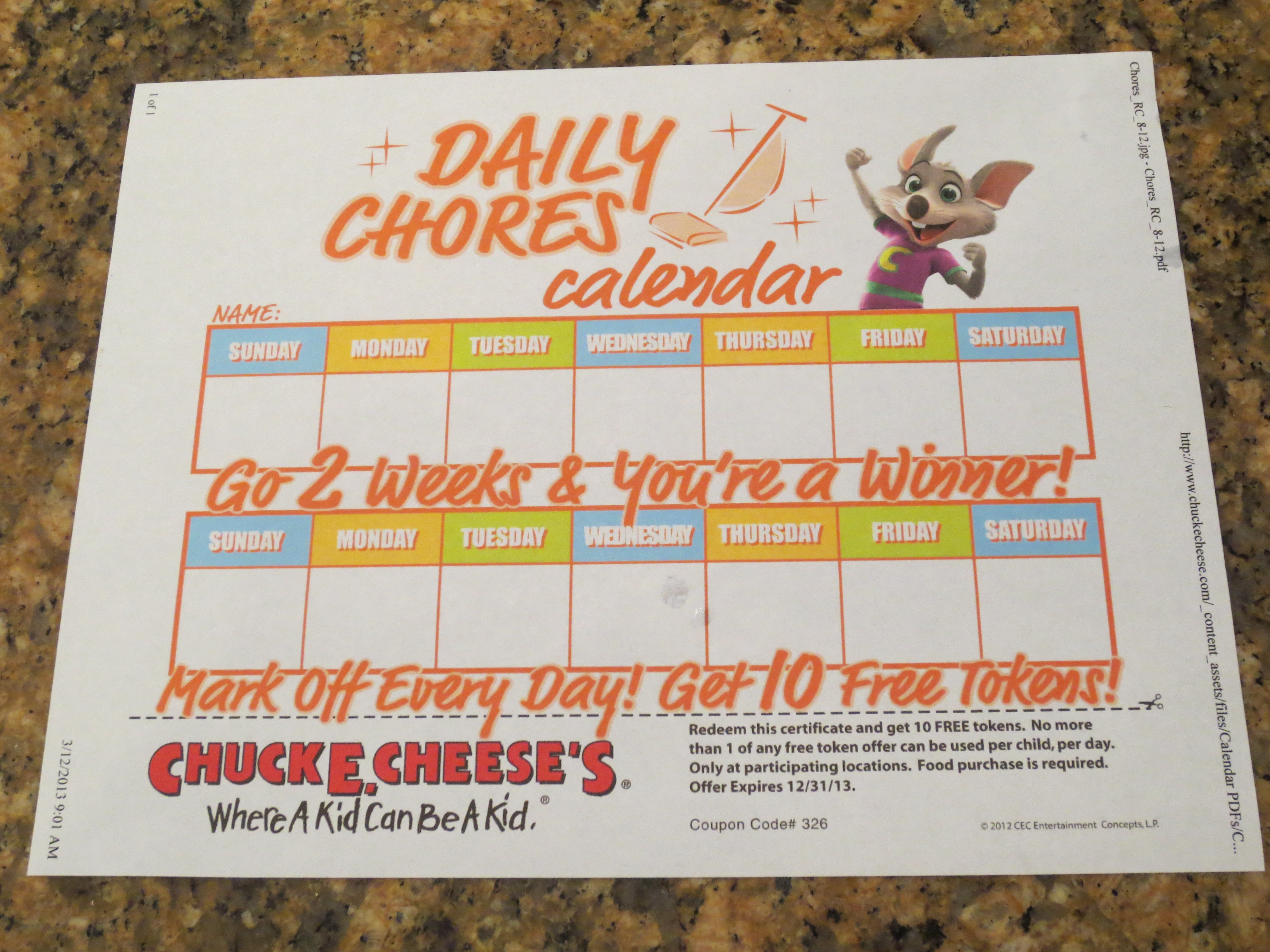 Chuck E Cheese Chore Chart Free Reward Charts From Chuck E Cheeses